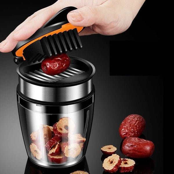 Fruit cutter kitchen gadget slices, cores, dices fruits easily and safely.